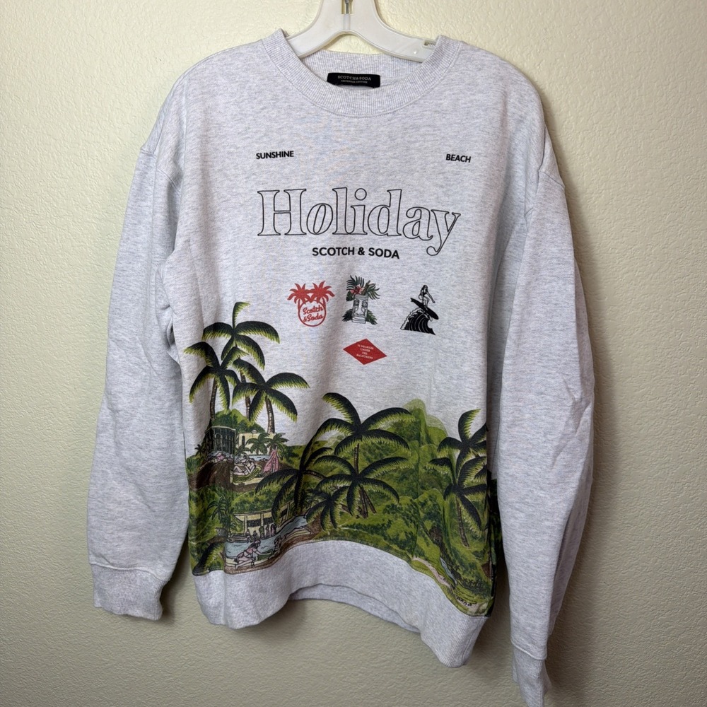Scotch & Soda Holiday Sweatshirt Mens M Gray Palm Tree Graphic Pullover Beach